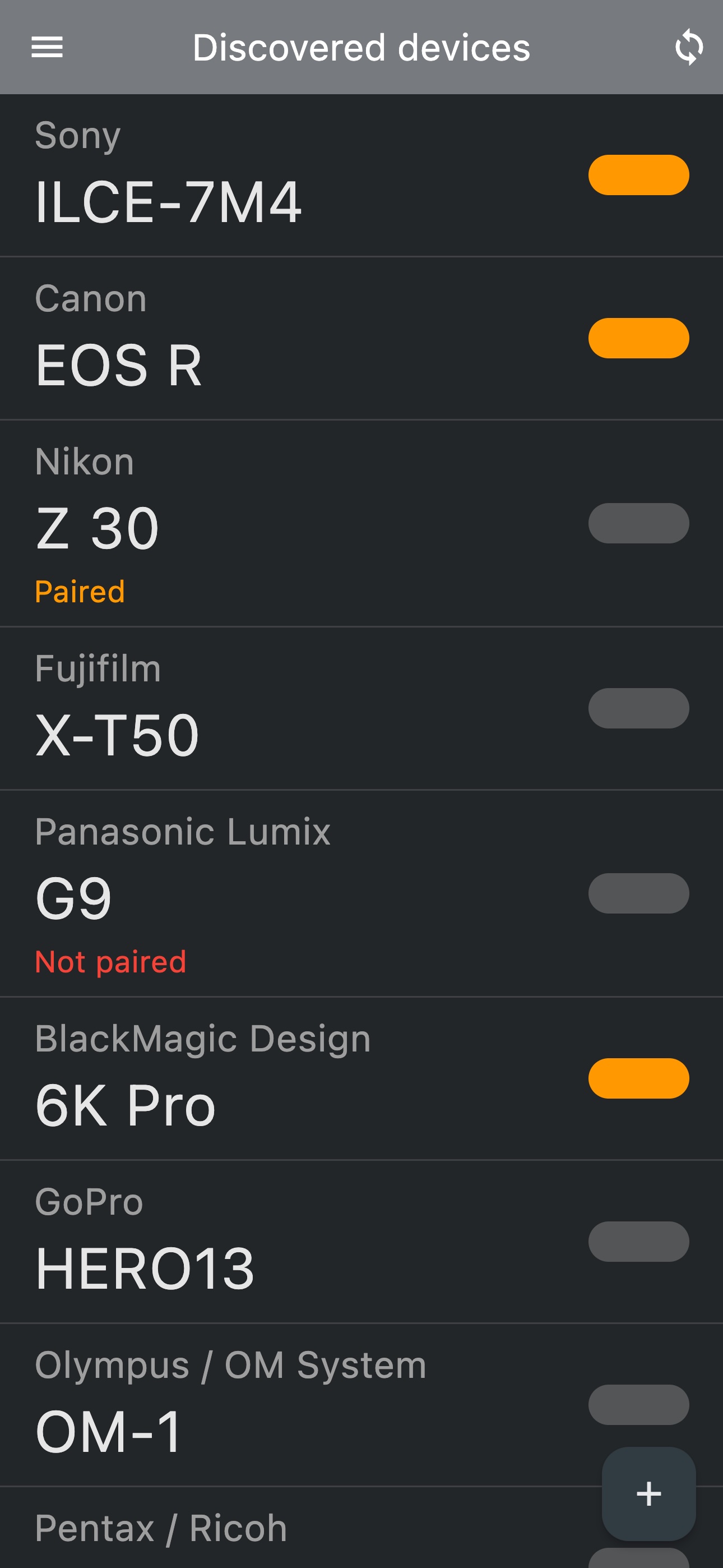 Discovered devices screen showing multiple camera brands