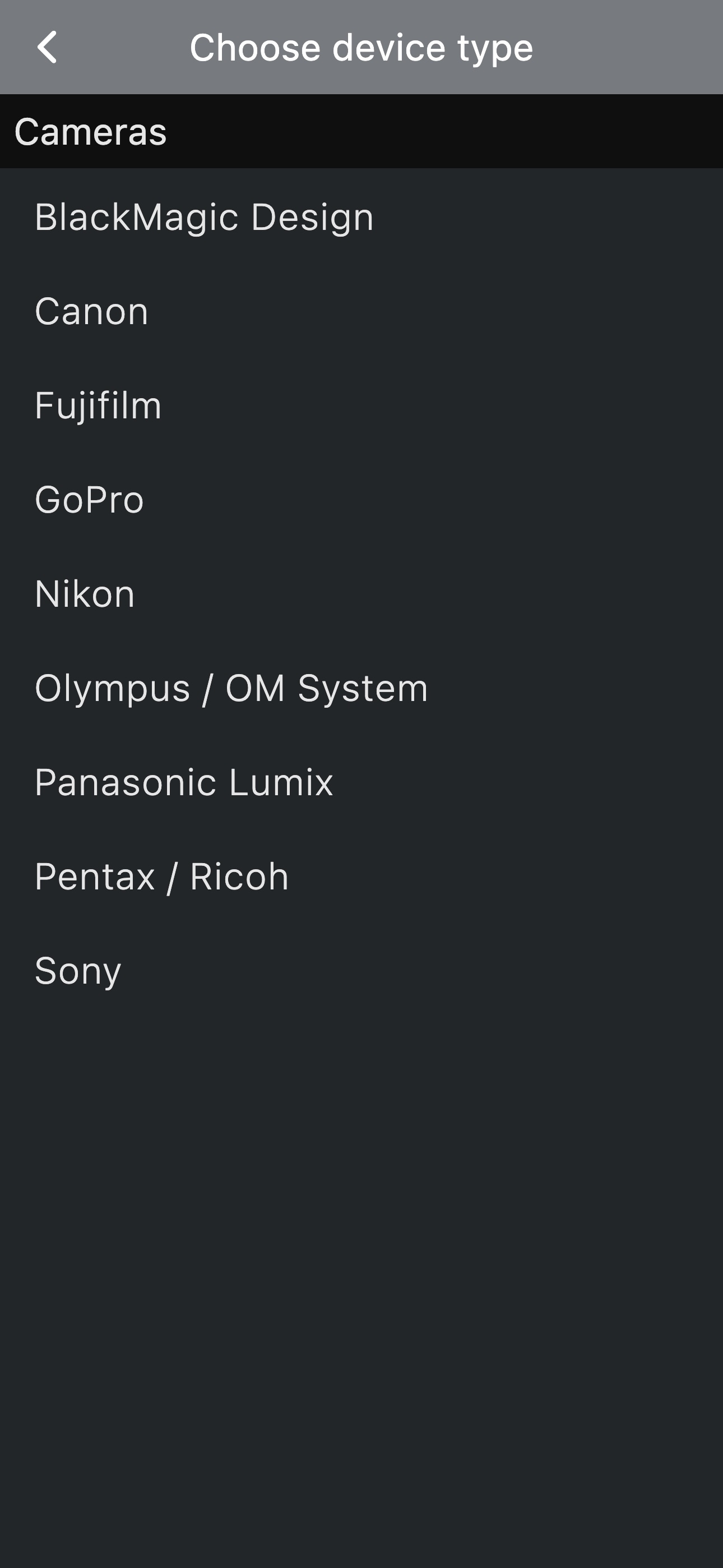 Choose device type screen with supported camera brands