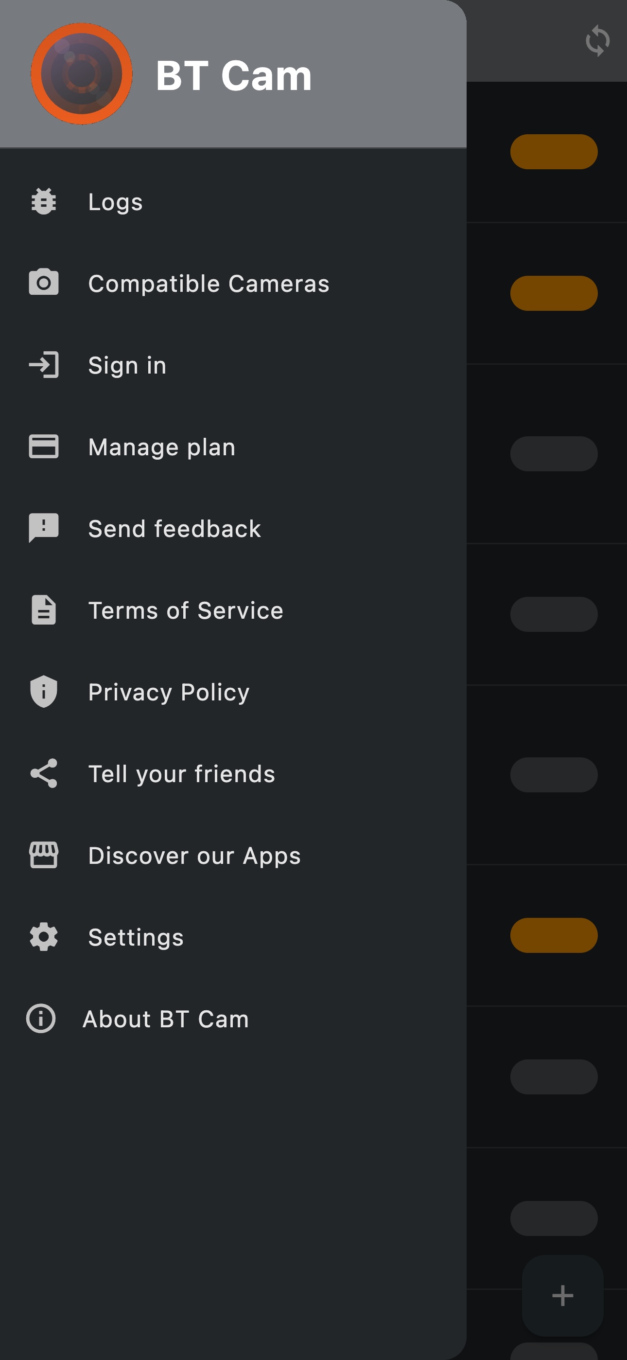 BT Cam app settings and menu options