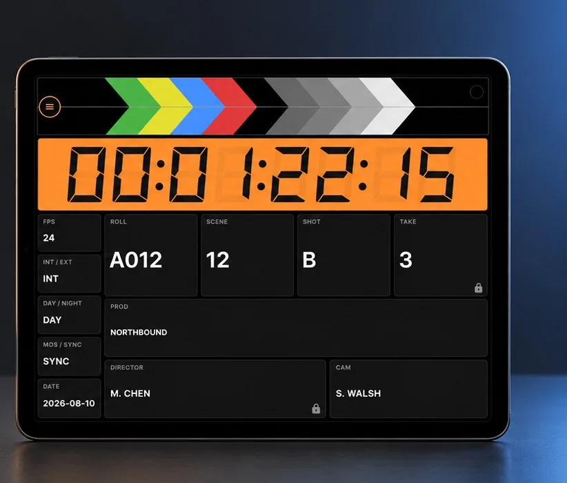 Cinema Slate digital clapperboard showing timecode, scene and take on a tablet